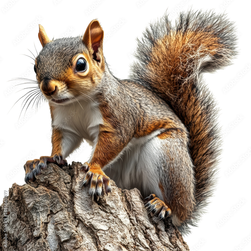 Fototapeta premium A curious squirrel perched atop weathered bark observing with gentle eyes on transparent background
