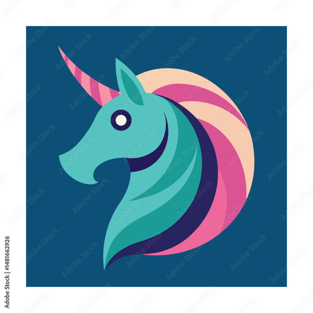 Fototapeta premium Colorful stylized unicorn illustration featuring curved design elements and a vibrant color palette on navy blue.