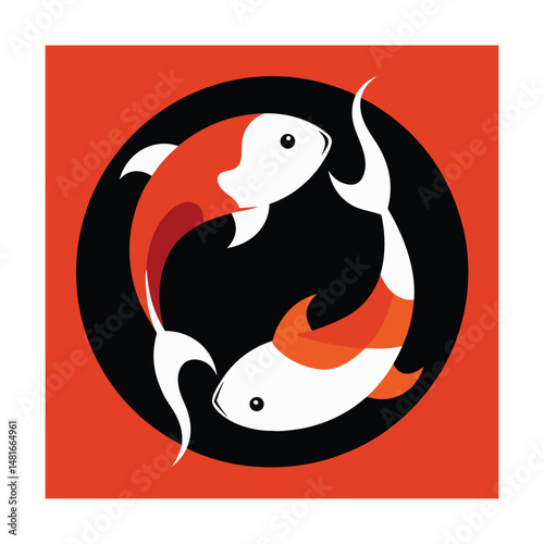 Two stylized koi fish swimming in a circle on a red background vector design