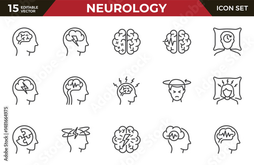 Neurology outline icons set, such as Alzheimer's disease, spinal injury, insomnia, memory impairment and more. Editable stroke.