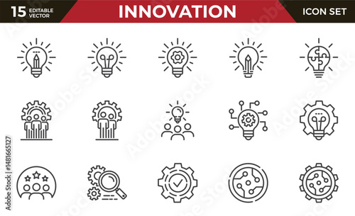 Innovation line icon set. Set of development, science, technology, creativity, success and more. Editable stroke.