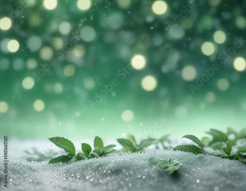 Snowfall on mint green background with bokeh effect, chilly weather, frosty pattern, snowflakes close-up, icy cold, crystal flakes