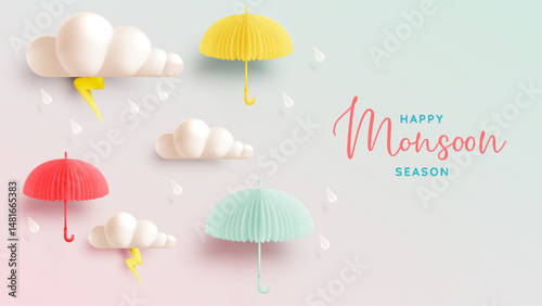 Happy Monsoon Season with Umbrellas, Clouds, Raindrops, and Lightning in a Playful 3D Illustration
