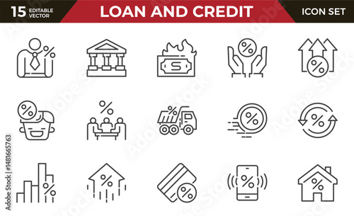 Loan and Credit line icons set. Mortgage, car loan, bank lending, cash loan. Outline icon collection. Pictogram and infographic.