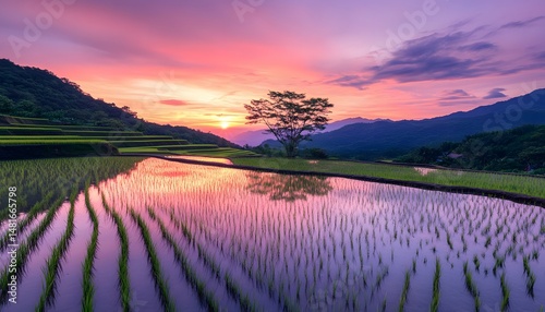 Peaceful rural landscape at vibrant sunset over terraced rice paddies.