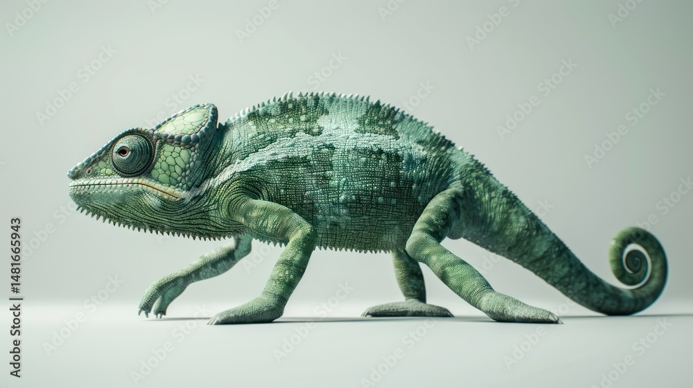 Fototapeta premium A digitally rendered chameleon, light teal green, walking profile. Detailed texture, spiky scales, and a curled tail. Against a plain, light gray backdrop