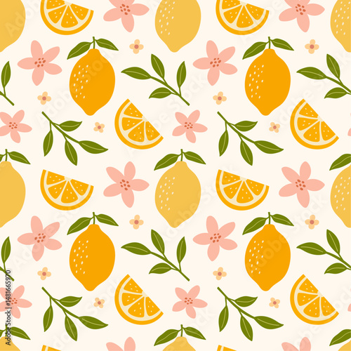 Seamless pattern with lemon fruit and flowers. Summer fruit background design