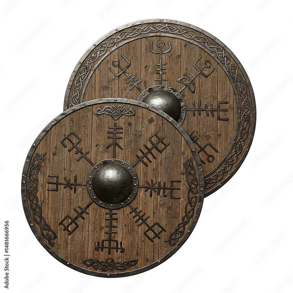 Naklejka premium Historic Wooden Viking Shields With Iron Rim On Transparent Background
