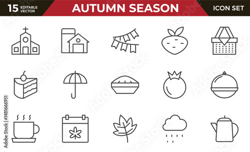 Autumn season outline Icons set. Collection of fall related objects, plants and animals, holidays, celebrations.