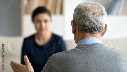 A thoughtful conversation between an elderly man and a woman in a cozy living room, with bookshelves and soft lighting in the background