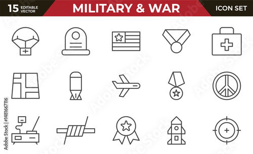 Military and War Icon Set. A powerful collection of icons representing defense and combat themes, perfect for enhancing educational materials, military websites, and historical projects.
