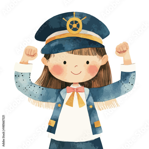 watercolor illustration of girl Ship Captain clipart isolated