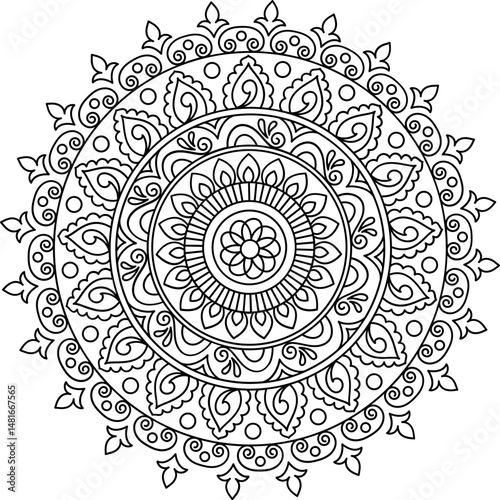Intricate Black and White Mandala Design for Coloring and Decoration.