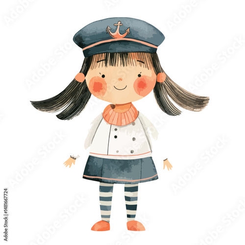 watercolor illustration of girl Ship Captain clipart isolated
