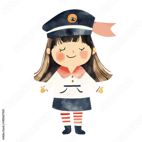 watercolor illustration of girl Ship Captain clipart isolated
