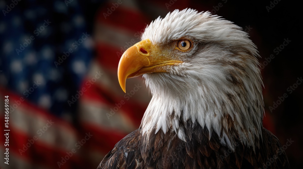 Fototapeta premium Close-up profile of a majestic bald eagle with American flag blurred in background, side view