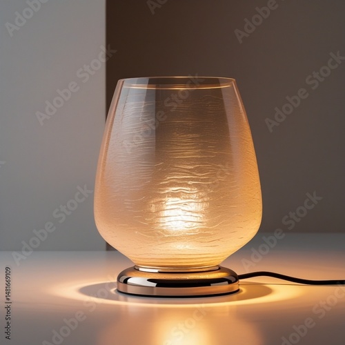 The item is a warm-lit LED table lamp with a textured glass shade.