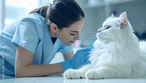 A veterinarian gently examines a fluffy white cat in a bright clinic, showcasing care and compassion in a serene environment