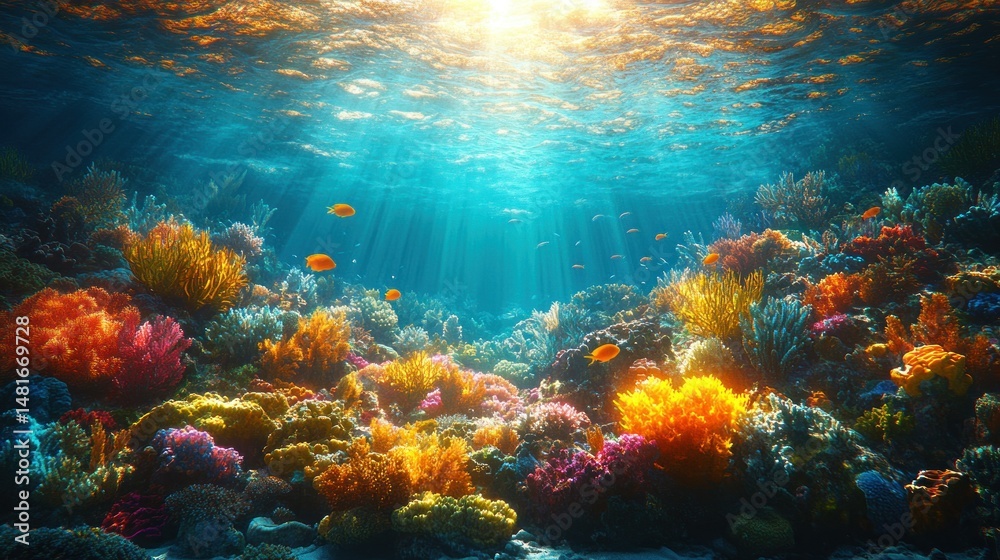 Fototapeta premium Vibrant coral reef teeming with life. Sunlight penetrates the ocean depths, illuminating the colorful corals and fish
