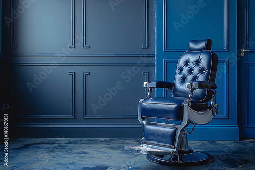 Barber Chair with Copy Space on Blue Background – Modern Barbershop Concept