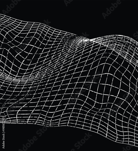 Undulating White Grid Abstract Waveform on Black