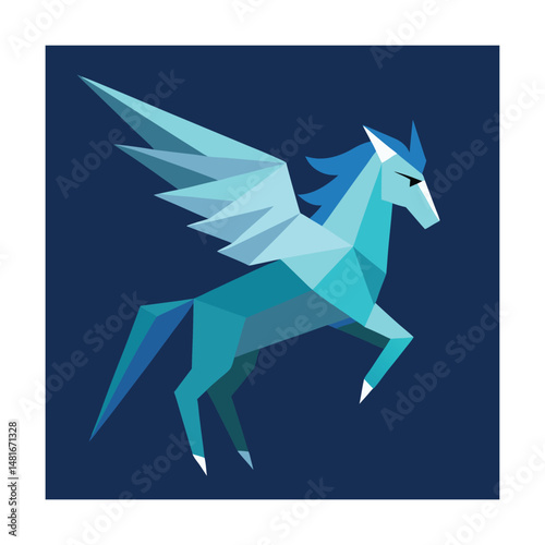 Geometric illustration of a majestic pegasus horse with blue tones and angular design