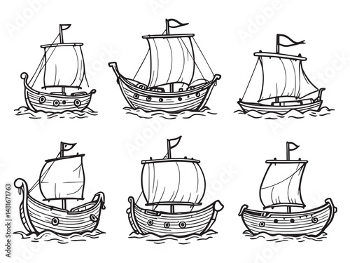 Wood boat clean line art illustrations