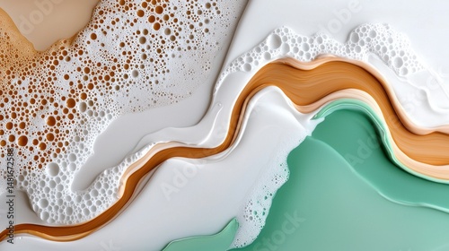 Abstract swirling cream and foam textures with beige and mint green colors create a luxurious and elegant design perfect for cosmetic or spa ing backgrounds.