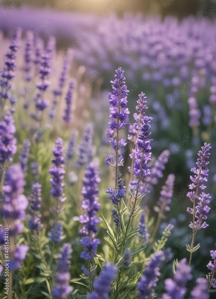 Obraz premium Soft focus on a sea of lavender flowers swaying in the wind, lavender fields, soothing, relaxation