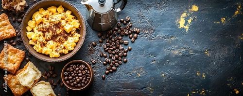 Obraz  z motywem Coffee, pastry, and cream dessert