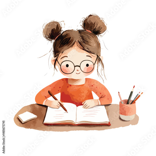 watercolor illustration of girl Writer clipart isolated