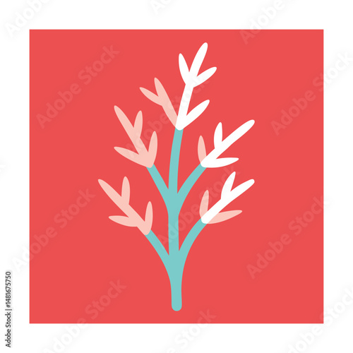 Simplified illustration of a colorful abstract plant with leaves on a vibrant red background