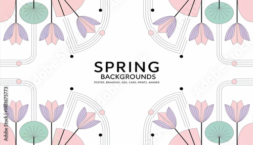 Minimalist Floral Spring Background with Abstract Geometric Elements.