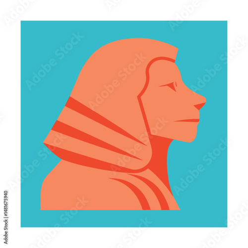 Stylized illustration of an ancient egyptian sphinx head in profile against a bright blue background