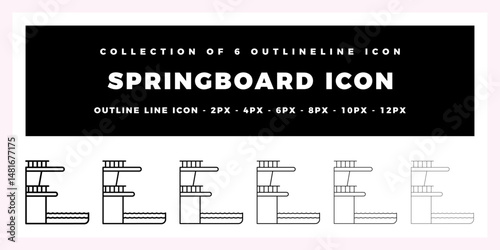 Collection of 6 Springboard Icons. Diving Board. Pool. Outline. Vector