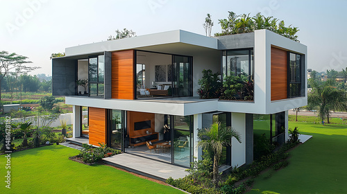 Modern two-story house with green roof  wood paneling  and expansive glass walls  overlooking a manicured lawn