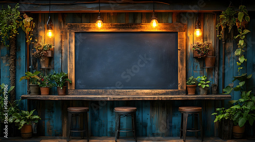 Rustic wooden bar with chalkboard, plants, and Edison bulbs