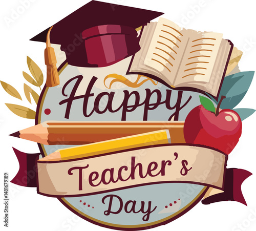 A vibrant and heartwarming Happy Teacher's Day logo design featuring elegant typography with books, a graduation cap, and a heart symbol. The design celebrates the contribution of teachers with a chee