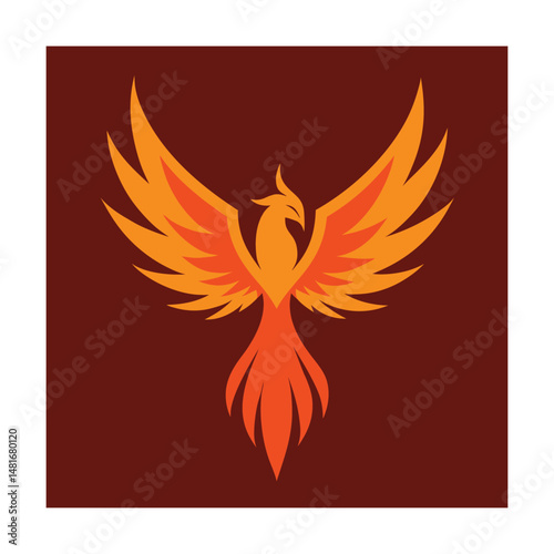 Majestic phoenix bird illustration with vibrant orange and yellow colors on a brown background
