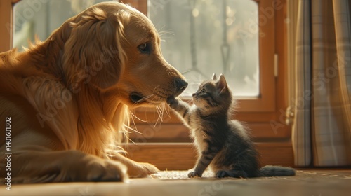 Golden retriever and kitten gently interact by window.  A heartwarming scene of a golden retriever and a kitten, seemingly amicable, near a window.  Soft light bathes the pair
