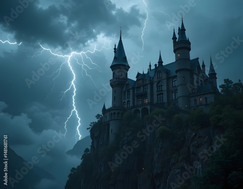 Haunted Castle on Cliff with Lightning - Gothic Landscape Art Print
