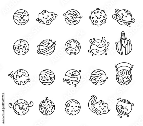 Adorable planet character set with charming smiling emotions and cute poses like sleeping, kissing, laughing, celebrating, dreaming, and flying in space for yours childrens projects