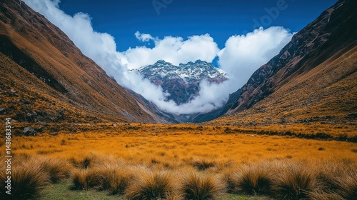 Mountain valley, golden grasses, dramatic clouds