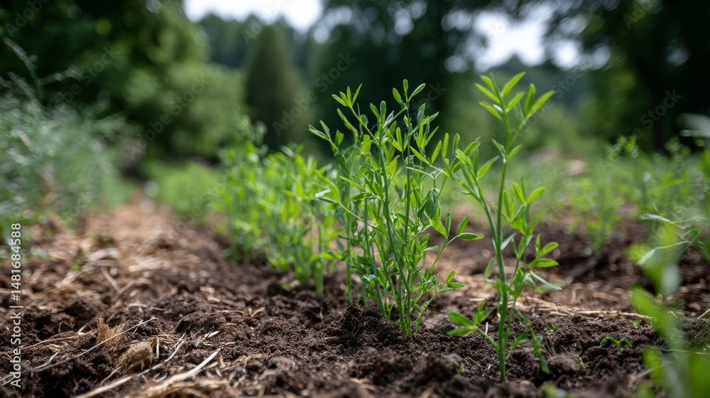 Obraz premium Tender green pea shoots rise from loamy soil in a sunlit field, representing growth and the potential for a rich harvest during the vibrant growing season