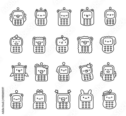 Adorable baby phone character set with smiling faces, funny emotions, cute wings, hats, buttons, antennas, hearts, flowers, crowns for yours creative projects