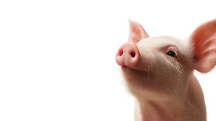 A piglet with pink skin and a curious gaze looks towards something outside the frame in a photo with a white background. 