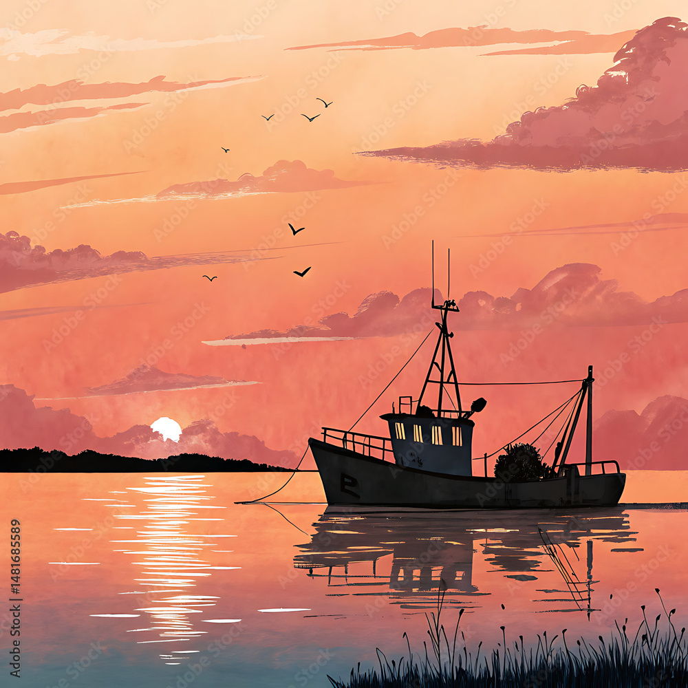 Fototapeta premium Sunset Seascape A Simple Clipart of Ocean Fishing Boat Silhouette