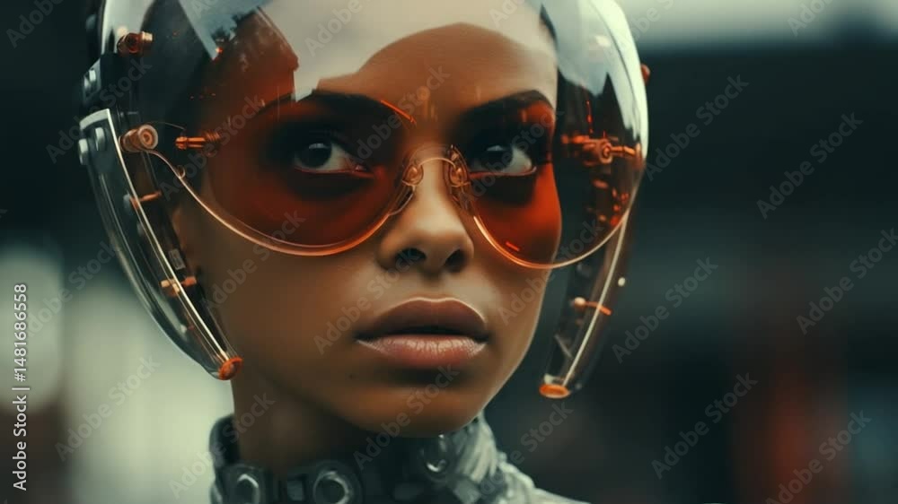 A striking individual showcases a stunning ensemble featuring oversized sunglasses and sleek attire, basking in the modern urban landscape filled with energy. The atmosphere is electric