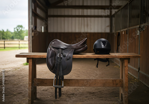 Horse riding saddle and helmet on wooden bench photo