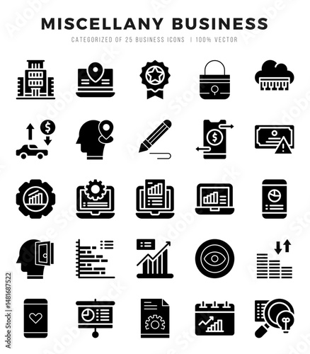 Miscellany Business Glyph icons collection. 25 icon set in a Glyph design.